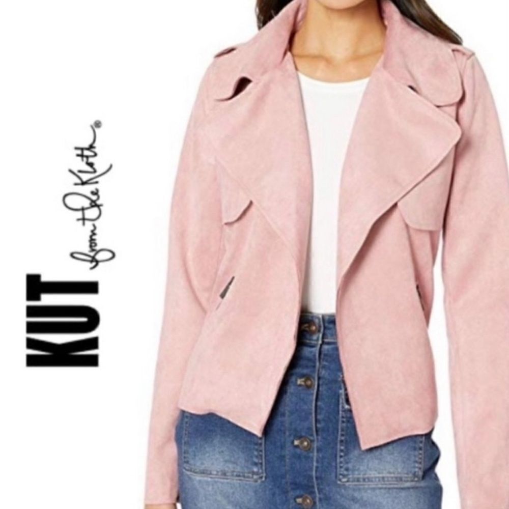 KUT From the Kloth- Moto Jacket Jaycee Pink Rose Faux Suede Drape, Size Large